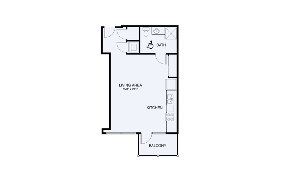 S2-ADA - Studio floorplan layout with 1 bath and 585 square feet.